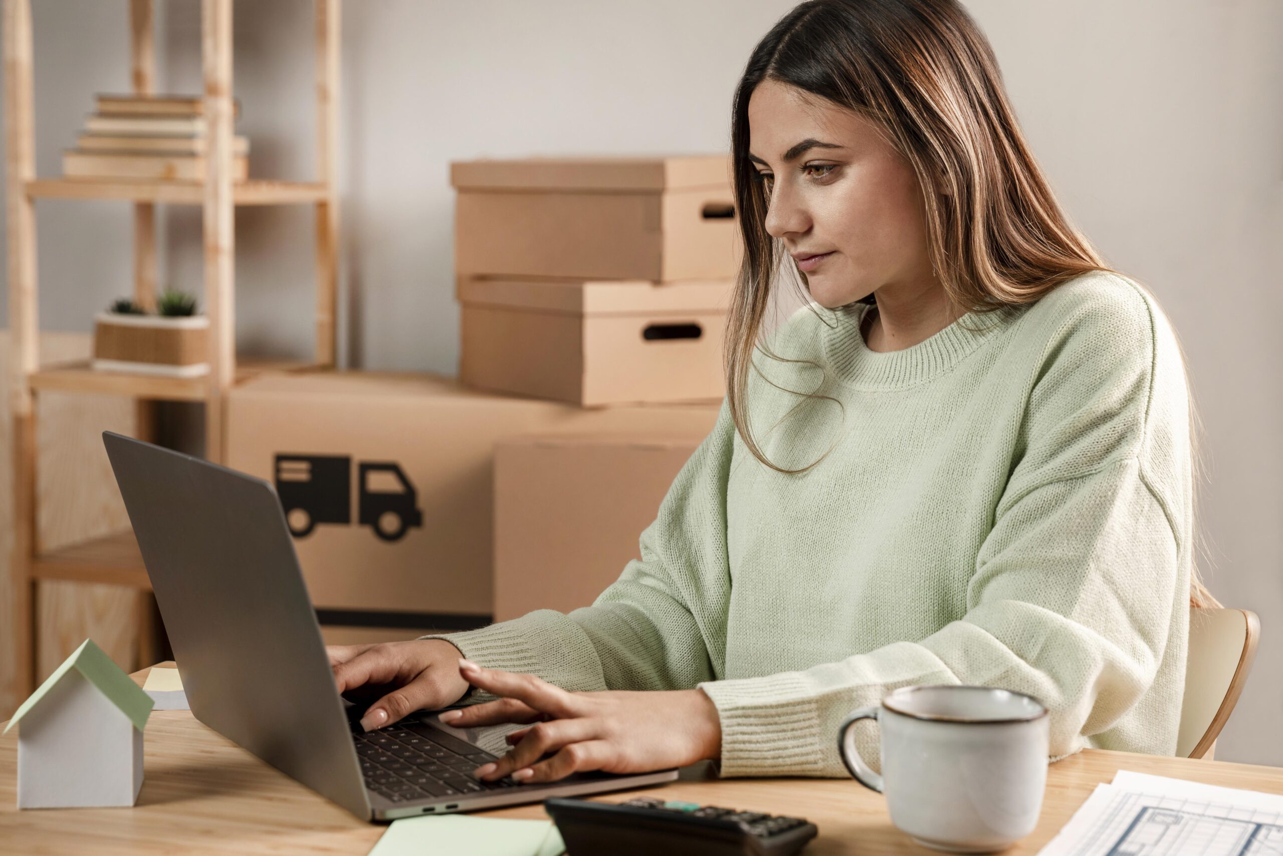 Mulher trabalhando em laptop em casa
