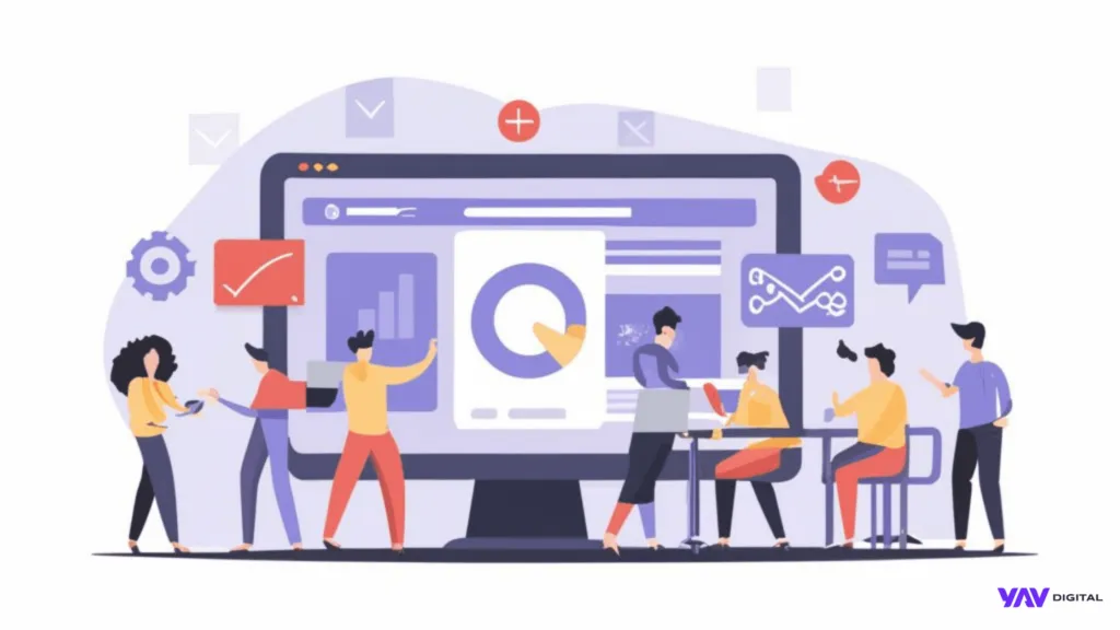 Desenho de uma equipe de atendimento e uma dashboard ao fundo.