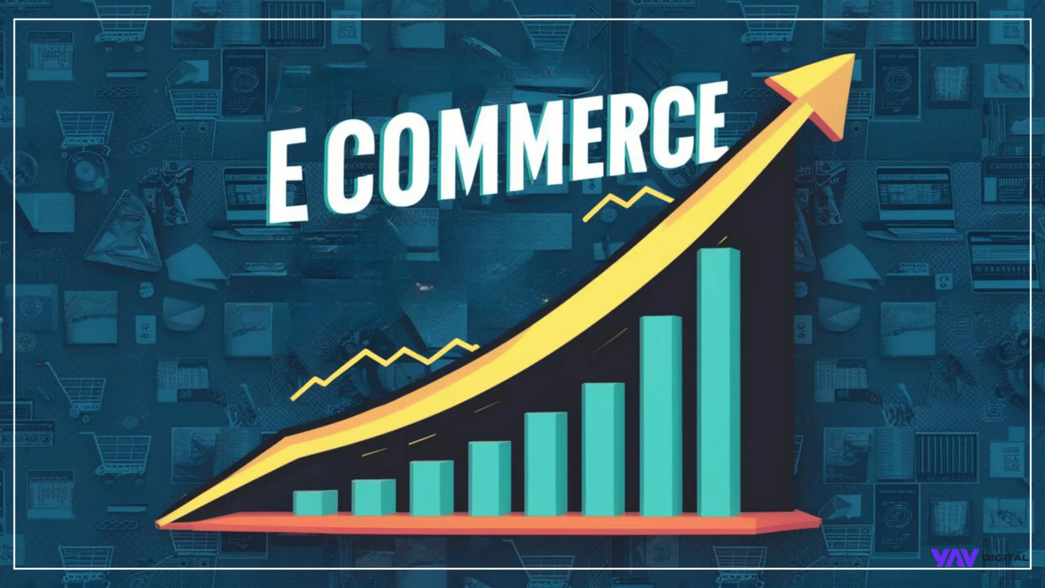 Gráfico ilustrativo com barras ascendentes e uma seta amarela apontando para cima, representando crescimento. No topo da imagem está escrito "E COMMERCE", sugerindo o crescimento do comércio eletrônico. O fundo é composto por ícones relacionados a compras e tecnologia, como carrinhos de compras, dispositivos e códigos QR.