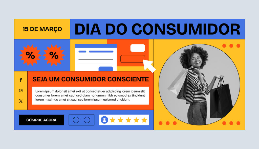 DiadoConsumidorYAVDigital7 Banner do Dia do Consumidor (15 de março) com promoções, mensagem sobre consumo consciente e imagem de uma mulher sorridente com sacolas de compras.