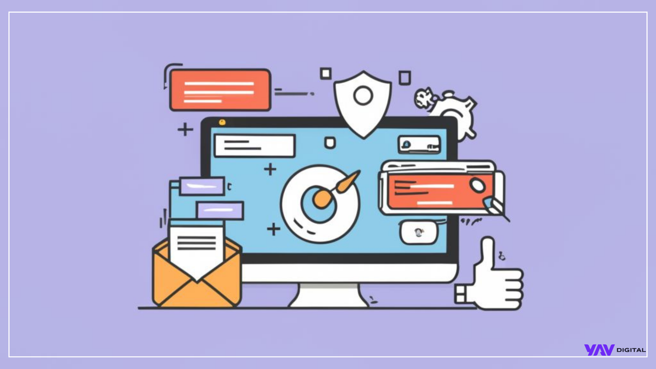 Computador com ícones de e-mail, segurança, engrenagem e curtida sobre fundo roxo, representando marketing digital.