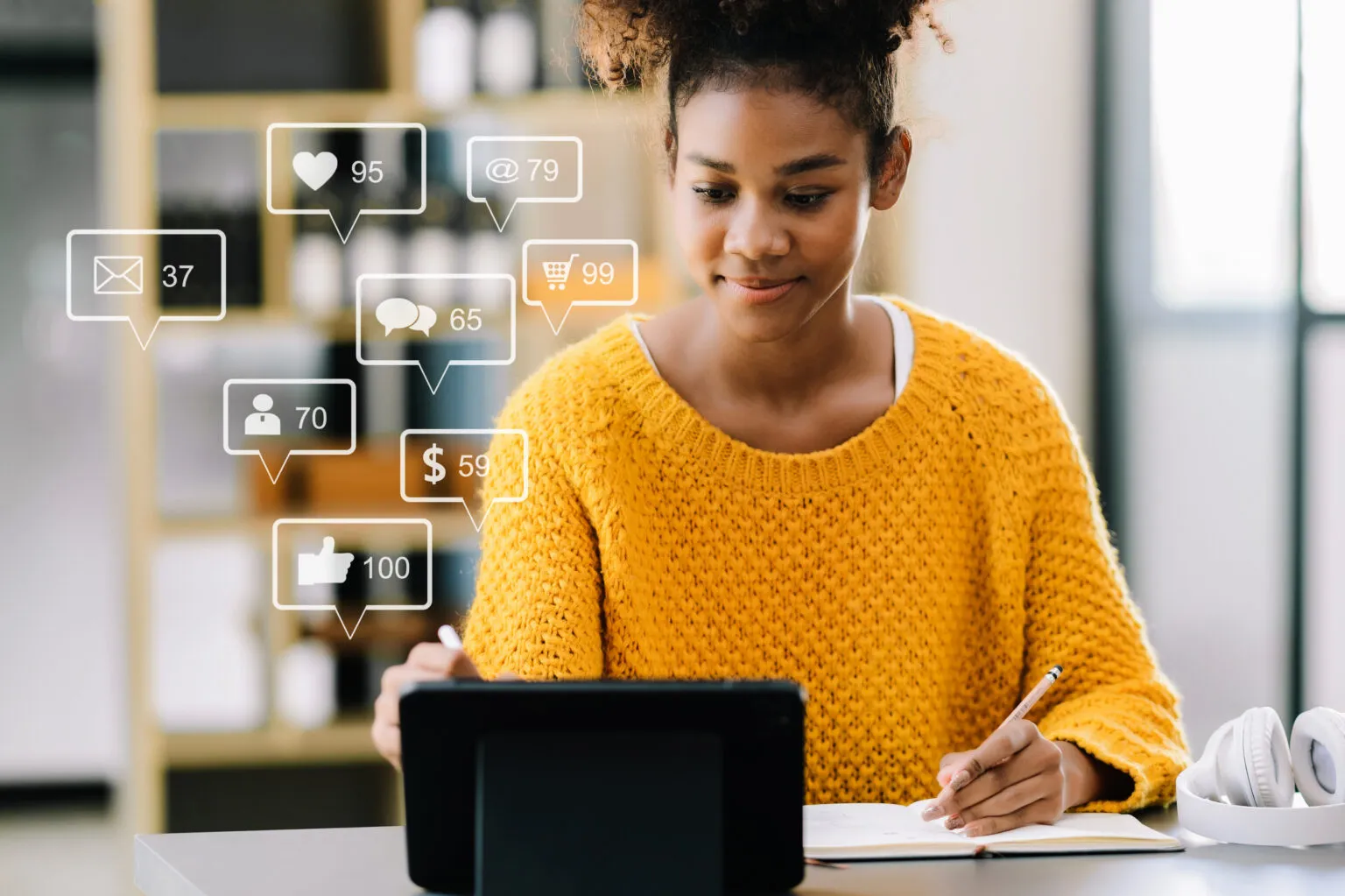 Mulher jovem olhando para o tablet, com os ícones de redes sociais flutuando.