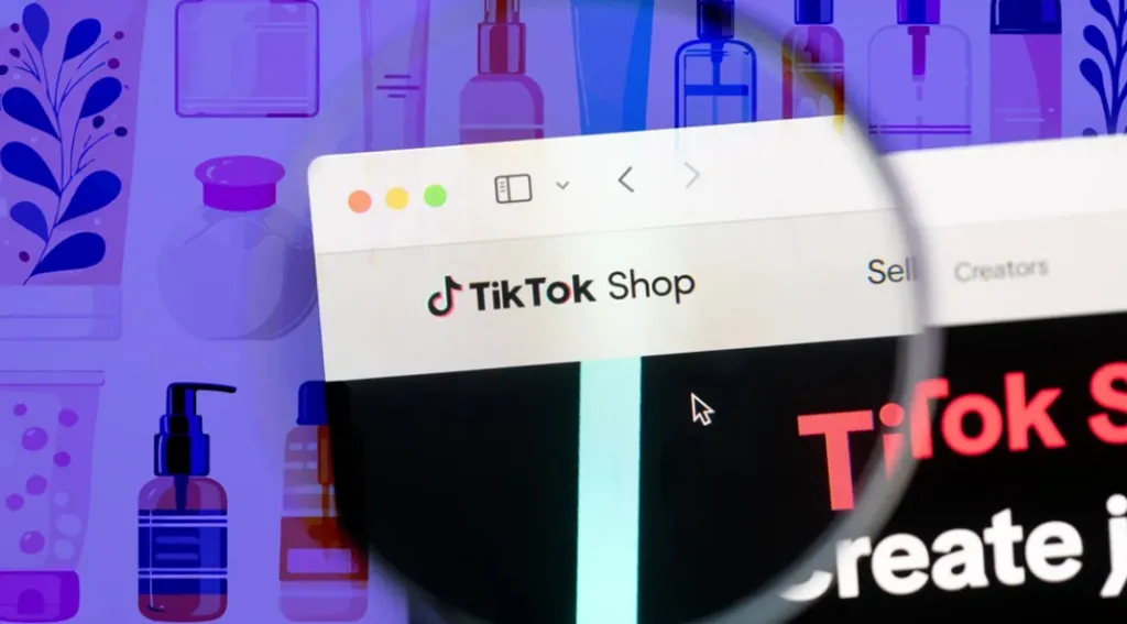 Uma lupa aproximando a logo do site "TikTok Shop".